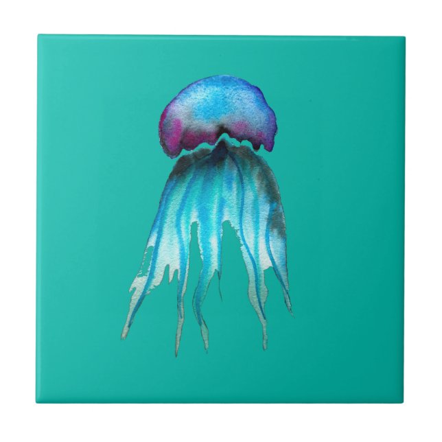 Jellyfish watercolor colorful modern aquatic ceramic tile (Front)