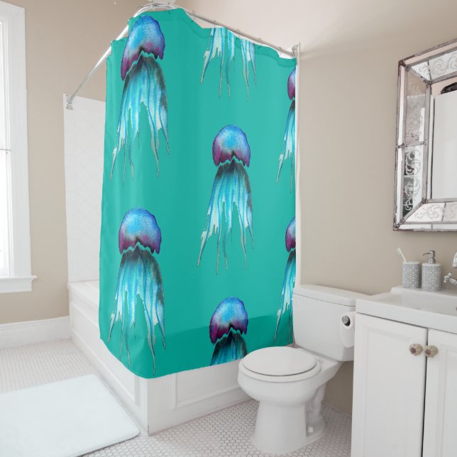 Jellyfish watercolor colorful modern aquatic shower curtain (In Situ)