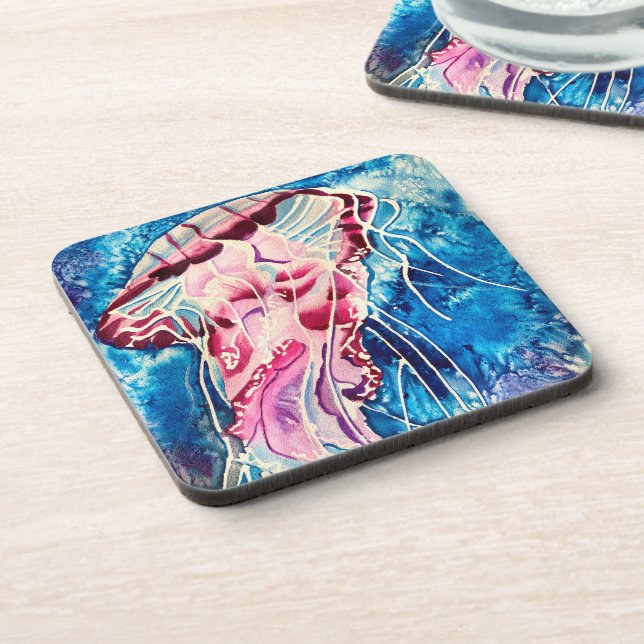 Jellyfish watercolor ocean art beverage coaster (Left Side)