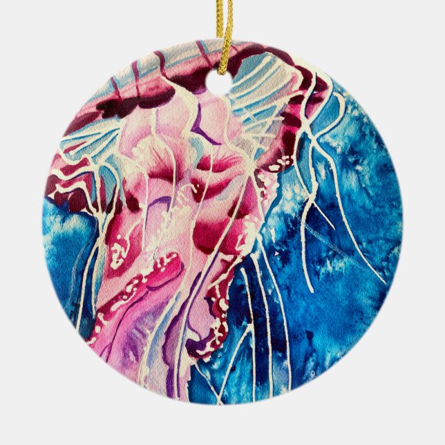 Jellyfish watercolor ocean art ceramic ornament (Front)