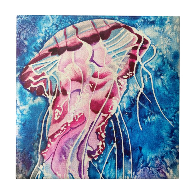 Jellyfish watercolor ocean art ceramic tile (Front)