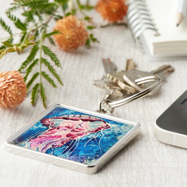 Jellyfish watercolor ocean art keychain (Side)