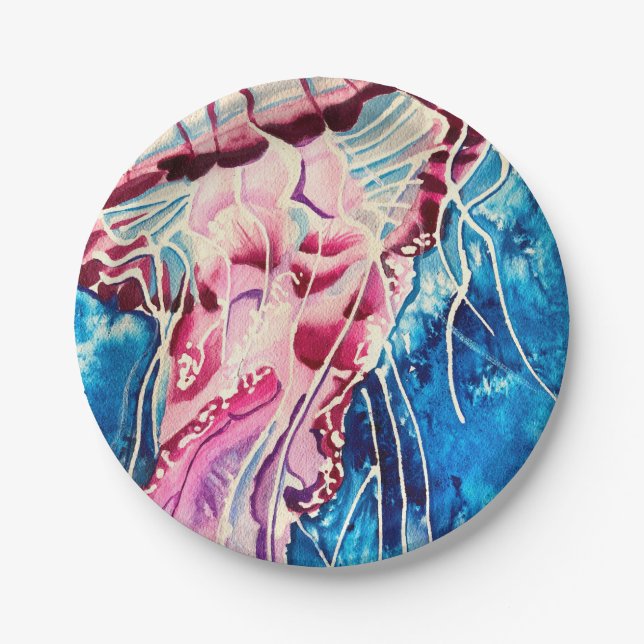 Jellyfish watercolor ocean art paper plates (Front)