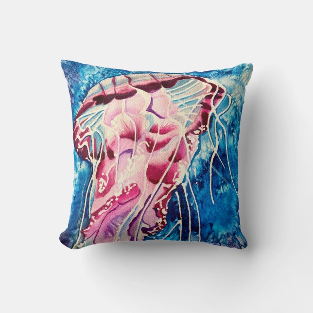 Jellyfish watercolor ocean art throw pillow (Front)