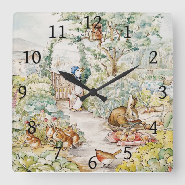 Jemima Puddle Duck in Mr Mc Gregor's Garden Square Wall Clock (Front)