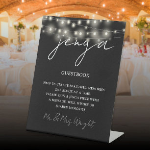 Jenga Guestbook Black And White String Lights Pedestal Sign