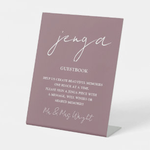 Jenga Guestbook Mauve Minimalist Script Pedestal Sign