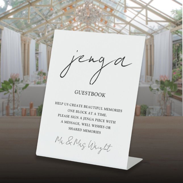Jenga Guestbook Minimalist Script Black And White Pedestal Sign (Jenga Guestbook Minimalist Script Black And White Pedestal Sign)