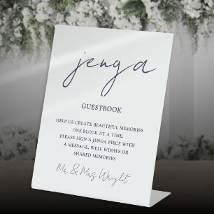 Jenga Guestbook Navy Blue Minimalist Script Pedestal Sign