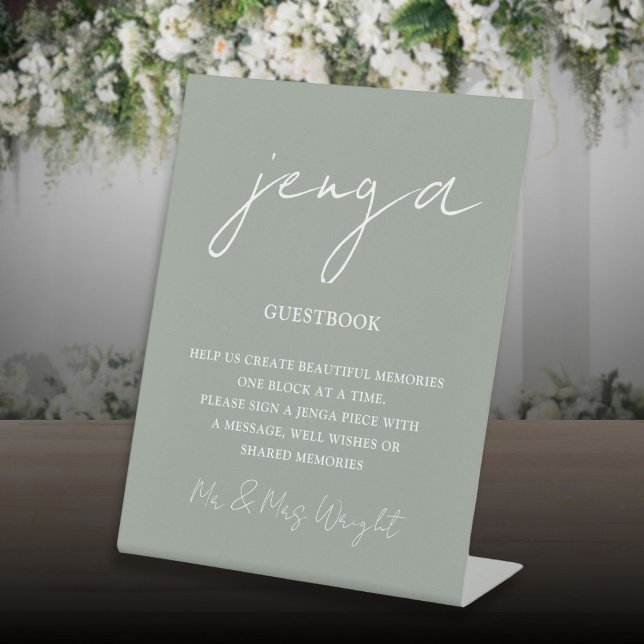 Jenga Guestbook Sage Green Minimalist Script Pedestal Sign (Jenga Guestbook Sage Green Minimalist Script Pedestal Sign)