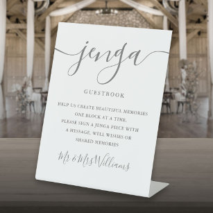 Jenga Wedding Guestbook Elegant Gray Script Pedestal Sign