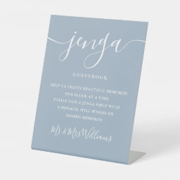 Jenga Wedding Guestbook Elegant Script Dusty Blue Pedestal Sign | Zazzle