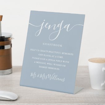 Jenga Wedding Guestbook Elegant Script Dusty Blue Pedestal Sign | Zazzle