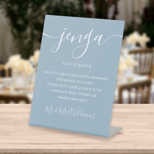 Jenga Wedding Guestbook Elegant Script Dusty Blue Pedestal Sign