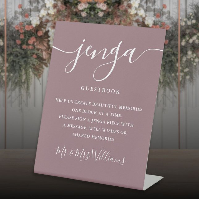 Jenga Wedding Guestbook Elegant Script Mauve Pedestal Sign (Jenga Wedding Guestbook Elegant Script Mauve Pedestal Sign)