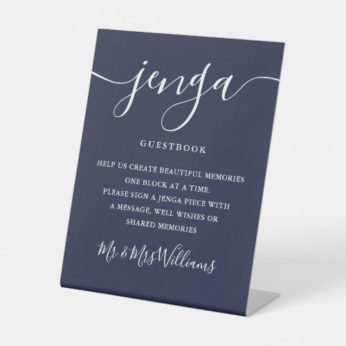 Jenga Wedding Guestbook Elegant Script Navy Blue Pedestal Sign