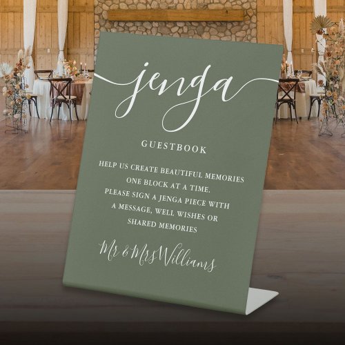 Jenga Wedding Guestbook Elegant Script Olive Green Pedestal Sign