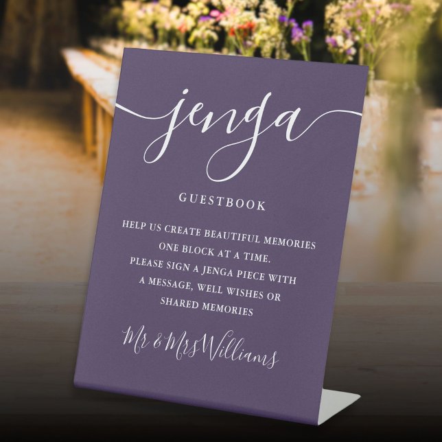 Jenga Wedding Guestbook Elegant Script Purple Pedestal Sign (Jenga Wedding Guestbook Elegant Script Purple Pedestal Sign)