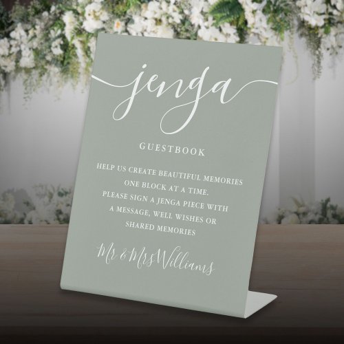 Jenga Wedding Guestbook Elegant Script Sage Green Pedestal Sign