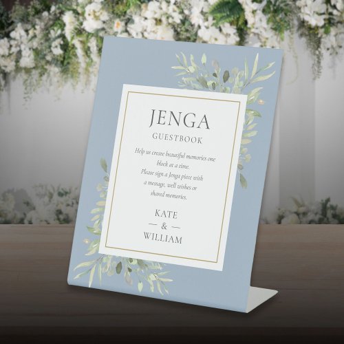 Jenga Wedding Guestbook Greenery Dusty Blue Pedestal Sign