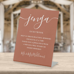 Jenga Wedding Guestbook Modern Script Terracotta Pedestal Sign