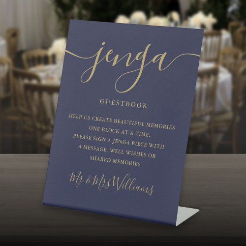 Jenga Wedding Guestbook Script Navy Blue And Gold Pedestal Sign