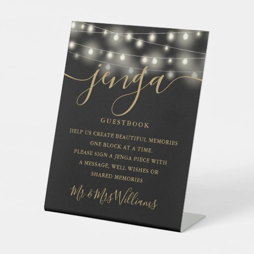 Jenga Wedding Guestbook String Lights Black Gold Pedestal Sign