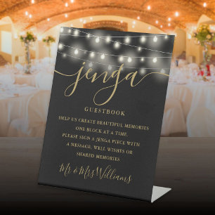 Jenga Wedding Guestbook String Lights Black Gold Pedestal Sign