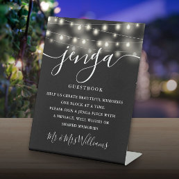 Jenga Wedding Guestbook String Lights Black White Pedestal Sign