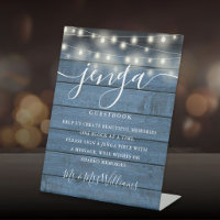 Jenga Wedding Guestbook String Lights Blue Wood