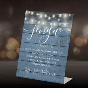 Jenga Wedding Guestbook String Lights Blue Wood Pedestal Sign