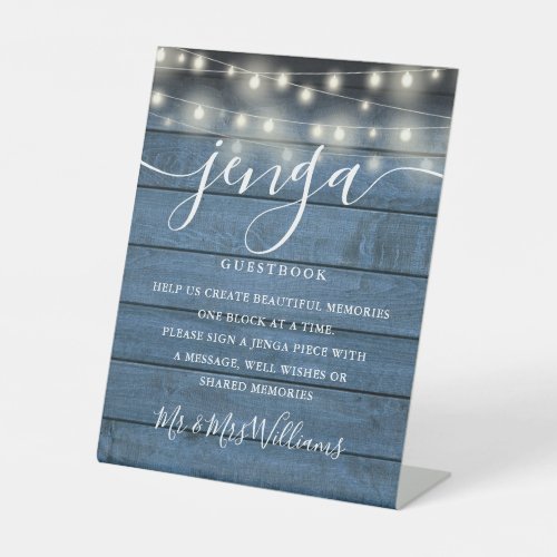 Jenga Wedding Guestbook String Lights Blue Wood Pedestal Sign