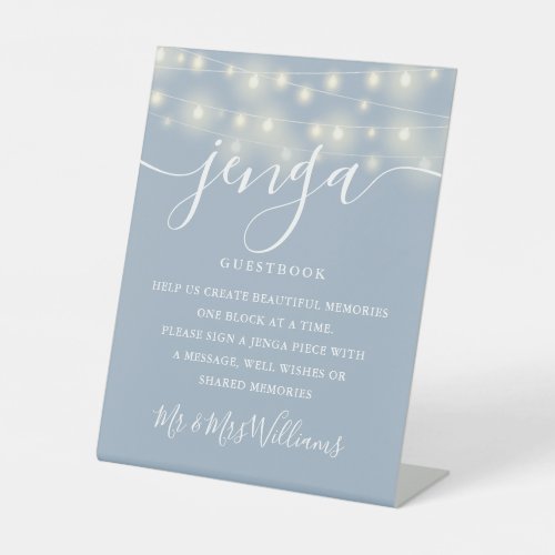 Jenga Wedding Guestbook String Lights Dusty Blue Pedestal Sign