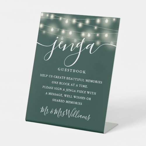 Jenga Wedding Guestbook String Lights Emerald Pedestal Sign