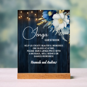 Jenga Wedding Guestbook String Lights Floral Acrylic Sign