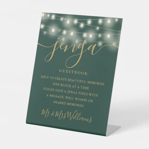 Jenga Wedding Guestbook String Lights Green Gold Pedestal Sign