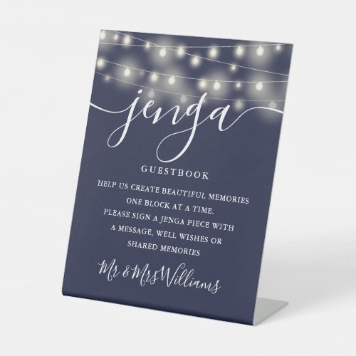 Jenga Wedding Guestbook String Lights Navy Blue Pedestal Sign