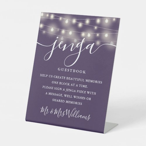 Jenga Wedding Guestbook String Lights Purple Pedestal Sign