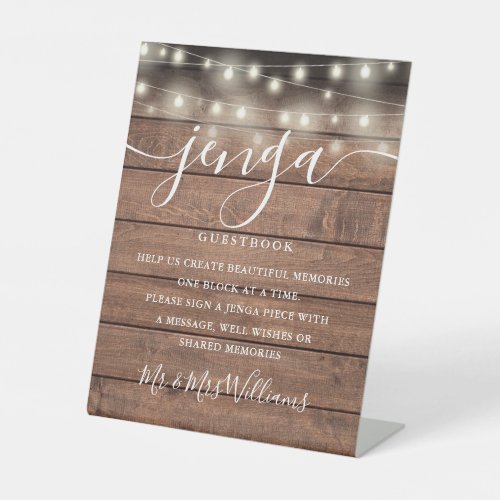 Jenga Wedding Guestbook String Lights Rustic Wood Pedestal Sign