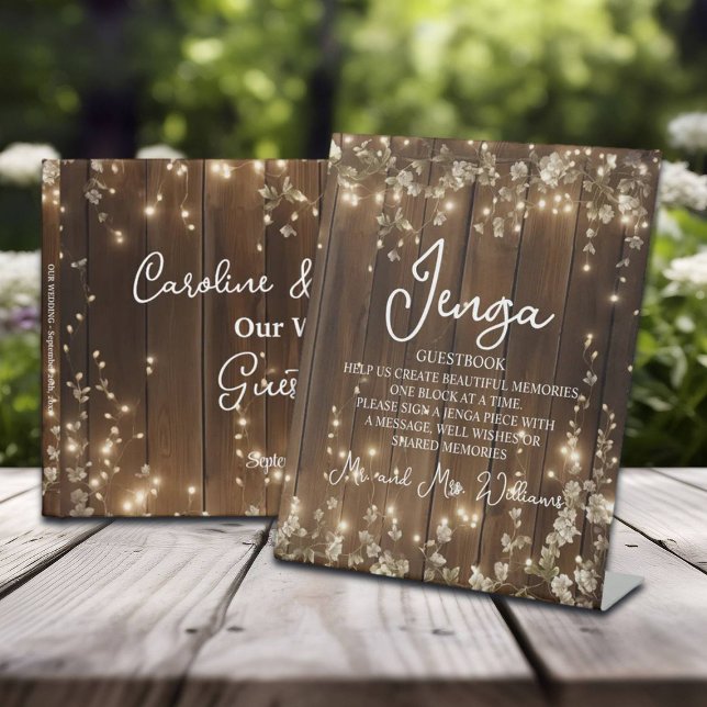 Jenga Wedding Guestbook String Lights Wood Pedestal Sign (Creator Uploaded)