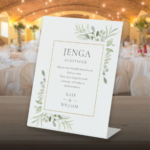 Jenga Wedding Guestbook Watercolor Greenery Pedestal Sign