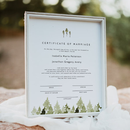 Jenna Rustic Pine Tree Marriage Certificate Poster