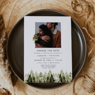 JENNA Rustic Pine Tree Wedding Reschedule Invitation