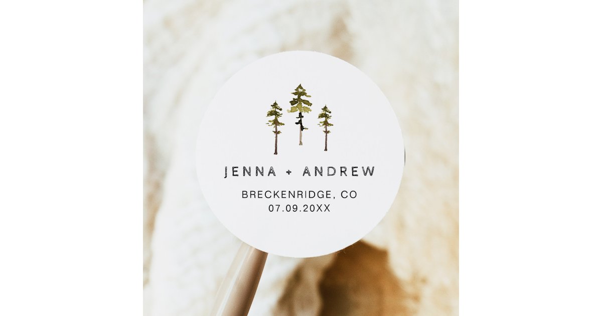 JENNA Rustic Pines Forest Wedding Favor Classic Round Sticker | Zazzle