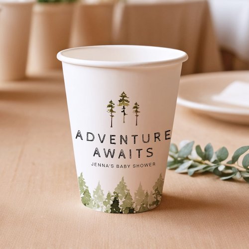 JENNA Rustic Watercolor Pine Tree Baby Shower Paper Cups