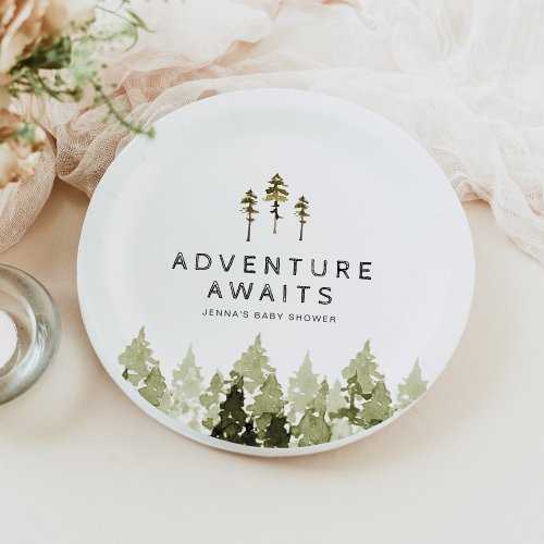 JENNA Rustic Watercolor Pine Tree Baby Shower Paper Plates