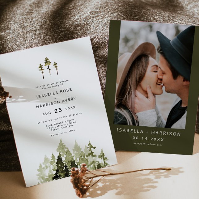 JENNA Rustic Watercolor Pine Tree Boho Wedding Invitation (Creator Uploaded)