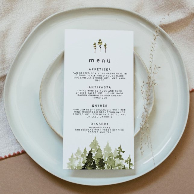 JENNA Rustic Watercolor Pine Tree Wedding Menu (Creator Uploaded)