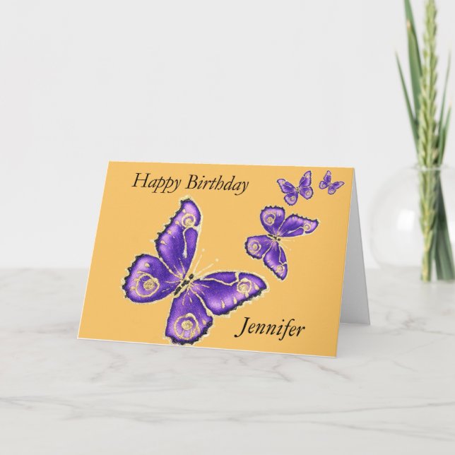 Jennifer, Happy Birthday purple butterfly card (Front)