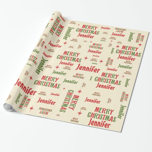Jennifer Retro Merry Christmas Personalized Wrapping Paper (Unrolled)